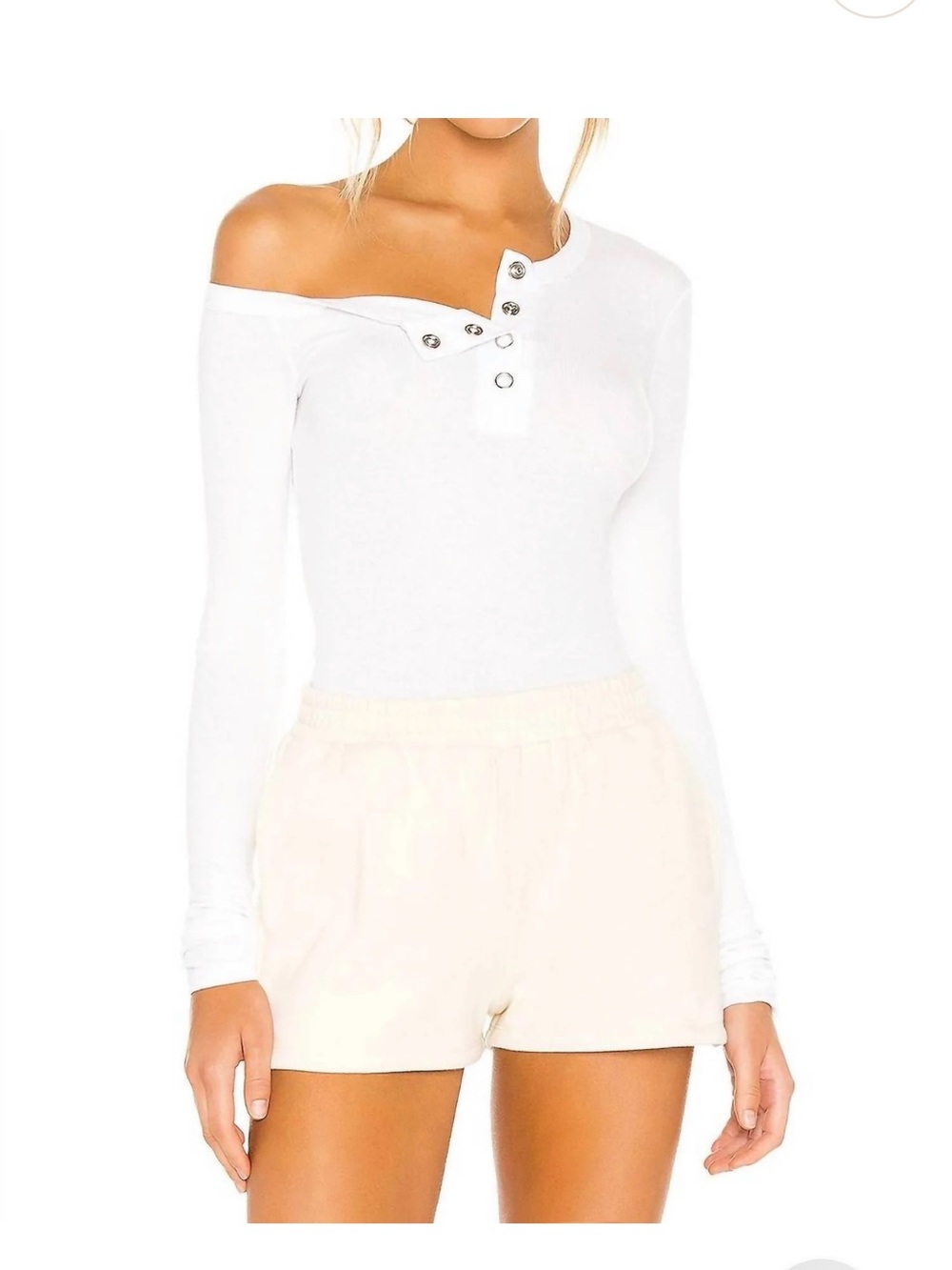 The Line by K White Harley Asymmetric One-Shoulder Long-Sleeve Snap Ribbed Top